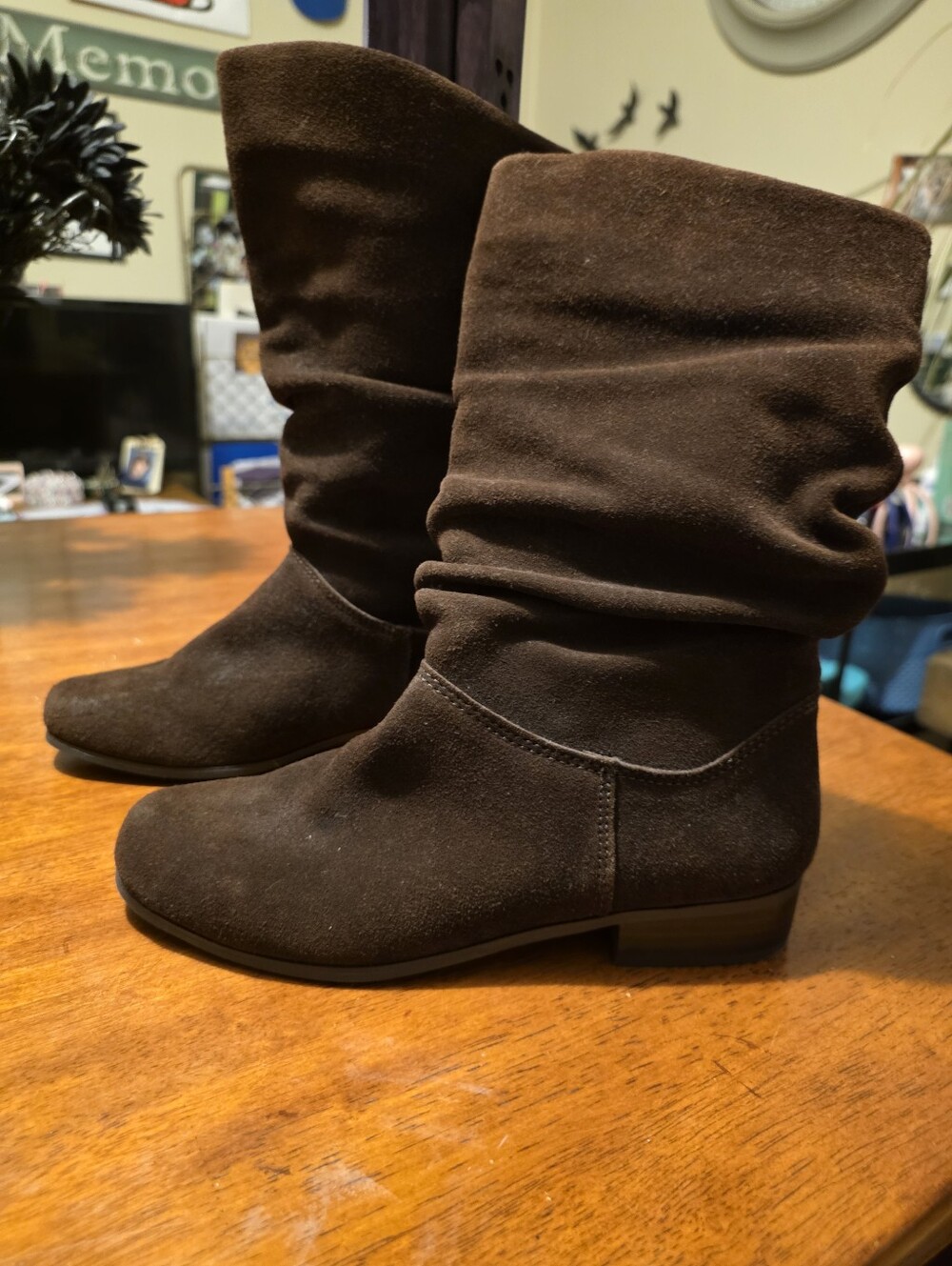St. John's Bay Dark Brown Slouchy Ruched Mid-Calf Heeled Boots - Leather